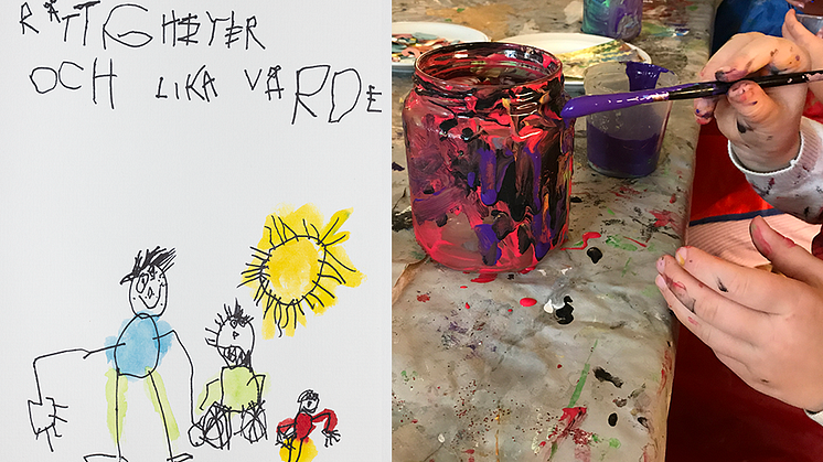 Kreativ verkstad på förskolor inför firandet av Barnkonventionen. Till vänster, teckning från Hjärnarps förskola. Till höger, lyktmålning på Äventyrets förskola.