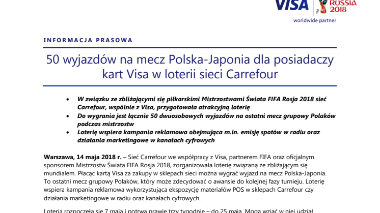 50 wyjazdów na mecz Polska-Japonia dla posiadaczy kart Visa w loterii sieci Carrefour