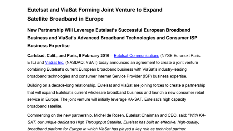 Eutelsat and ViaSat Forming Joint Venture to Expand  Satellite Broadband in Europe 