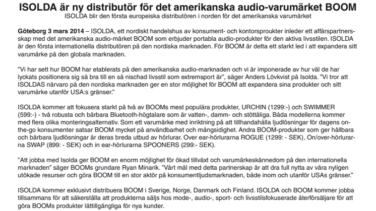 ISOLDA är ny distributör för det amerikanska audio-varumärket BOOM