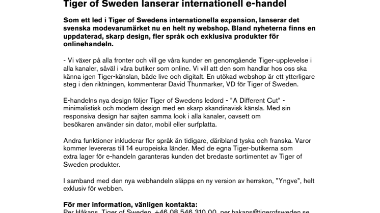 Tiger of Sweden lanserar internationell e-handel