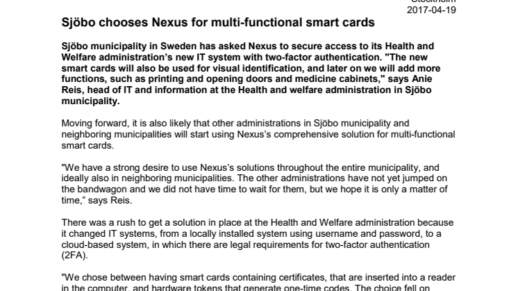 Sjöbo chooses Nexus for multi-functional smart cards