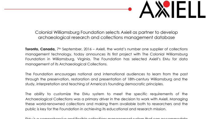 Colonial Williamsburg Foundation selects Axiell as partner to develop archaeological research and collections management database