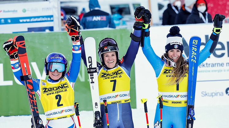 Sara Hector vann överlägset i Kranjska Gora före Tessa Worley och Marta Bassino. Foto: Wolfgang Grebien, Gepa Pictures-Bildbyrån