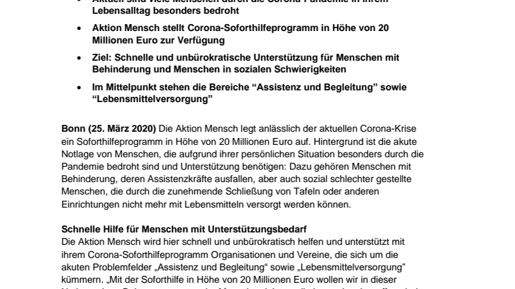 Corona-Krise: Aktion Mensch startet 20 Millionen Euro-Soforthilfeprogramm