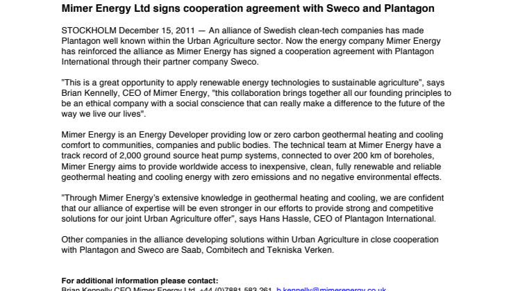 Mimer Energy AB signs cooperation agreement with Sweco and Plantagon