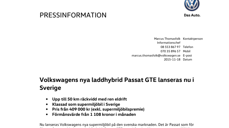 Volkswagens nya laddhybrid Passat GTE lanseras nu i Sverige