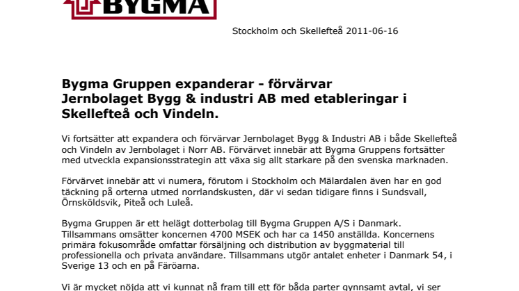 Pressrelease Bygma Jernbolaget