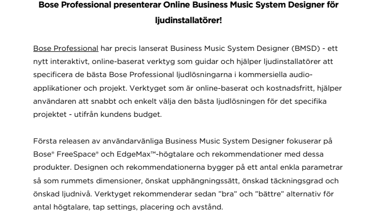 Bose Professional presenterar Online Business Music System Designer för ljudinstallatörer!