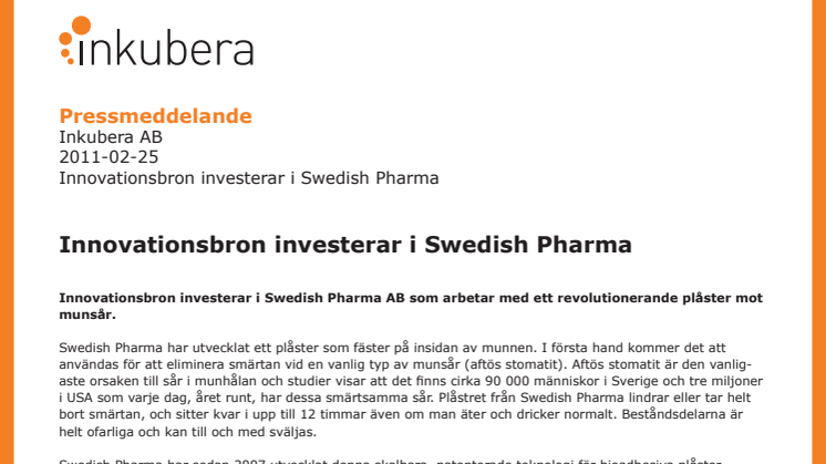 Innovationsbron investerar i Swedish Pharma