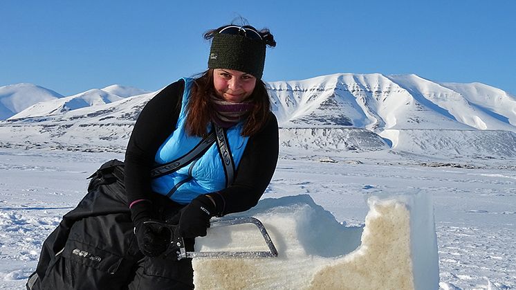 Photo: Ane Cecilie Kvernvik with sea ice full of algae in Van Mijenfjorden, Svalbard. Photo: Eva Leu/Akvaplan-niva