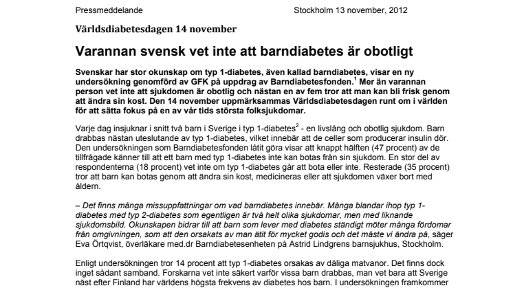 Världsdiabetesdagen 14 november: Varannan svensk vet inte att barndiabetes är obotligt