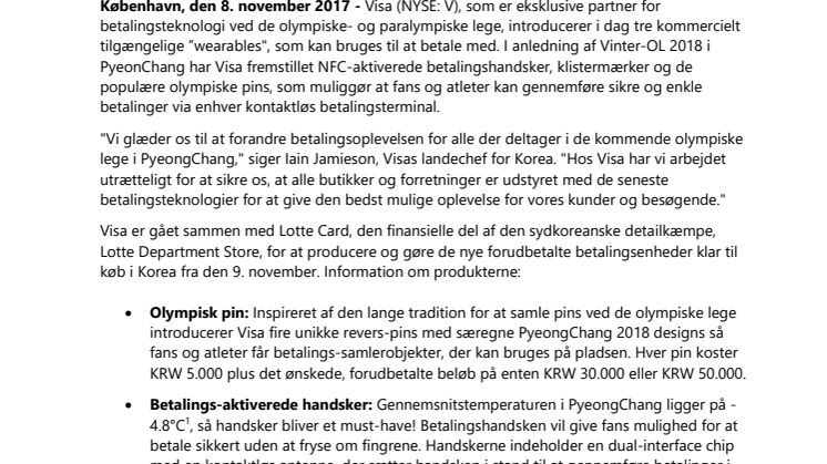Visa introducerer nye ”wearables” til betaling for fans ved vinter-OL 2018 i PyeongChang 