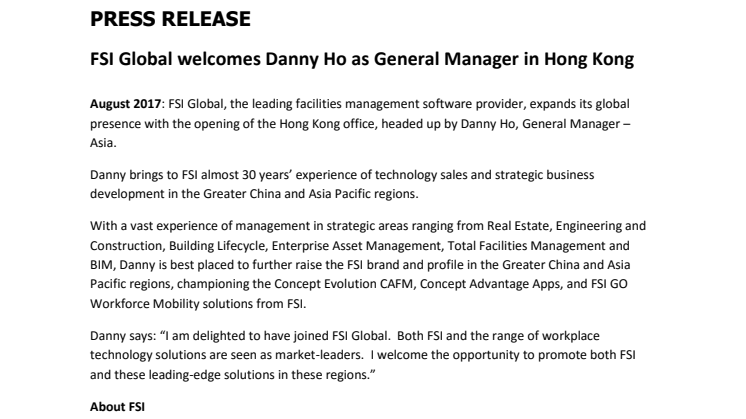 FSI Global Welcomes Danny Ho as General Manager in Hong Kong
