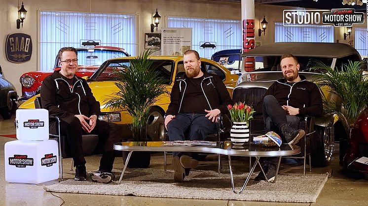 Studio Custom Motor Shows programledare. Från vänster till höger: Mikael Johansson, Hans-Ove "Hasse" Boberg och Daniel "Padde" Lindstedt.