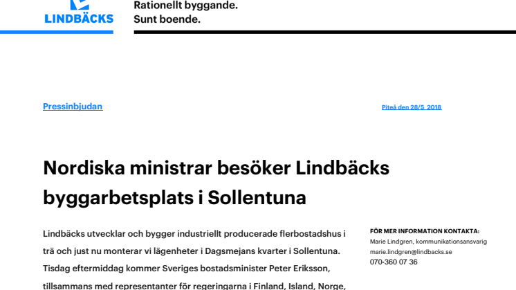 Nordiska ministrar besöker Lindbäcks byggarbetsplats i Sollentuna 