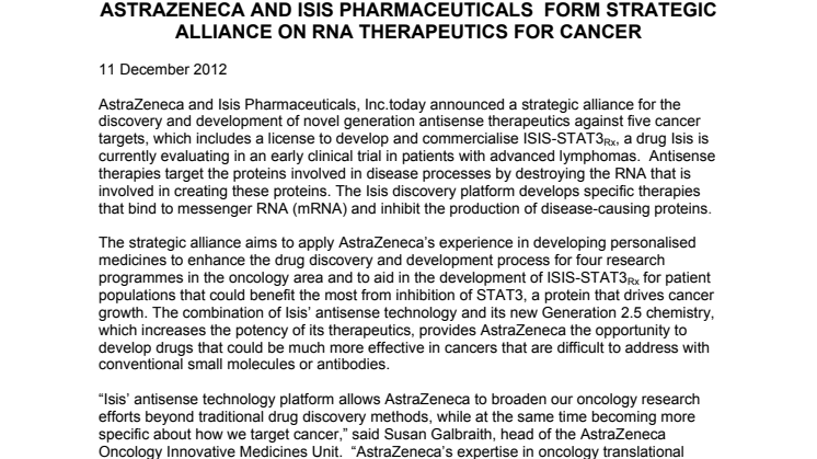 AstraZeneca och ISIS Pharmaceuticals i strategiskt samarbete om RNA-terapi mot cancer