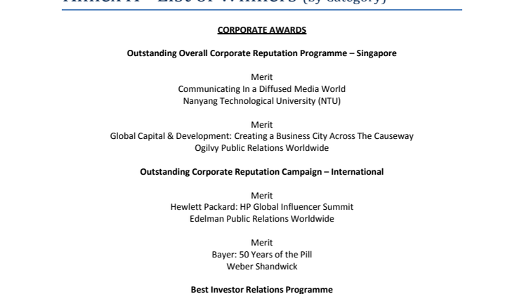 Prism Awards 2012 Annex A - List of Winners (By Category)