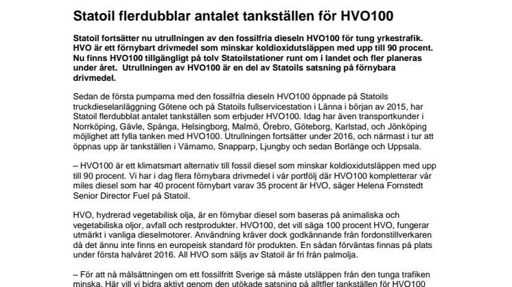 Statoil flerdubblar antalet tankställen för HVO100