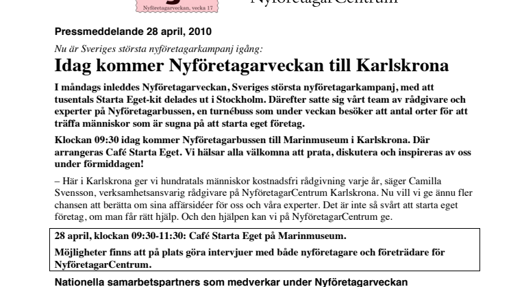 Idag kommer Nyföretagarveckan till Karlskrona 