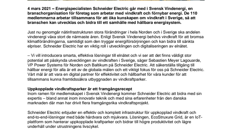 Schneider Electric går med i Svensk Vindenergi för att bidra till utvecklingen av hållbara energisystem