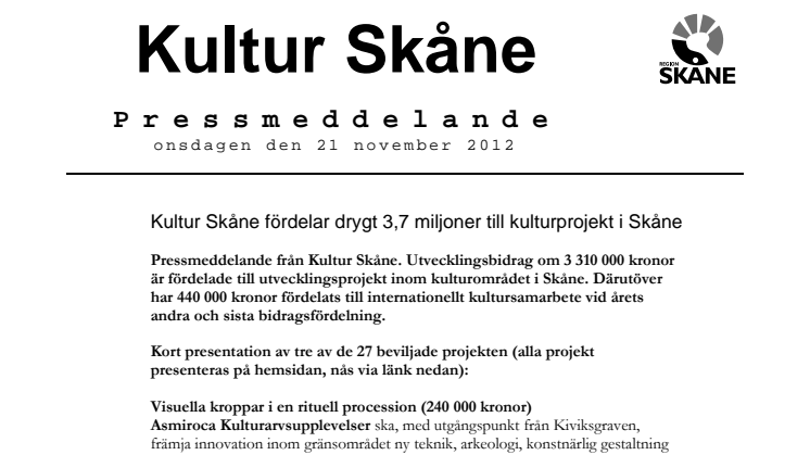 Kultur Skåne fördelar drygt 3,7 miljoner till kulturprojekt i Skåne
