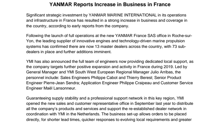 YANMAR Reports Increase in Business in France