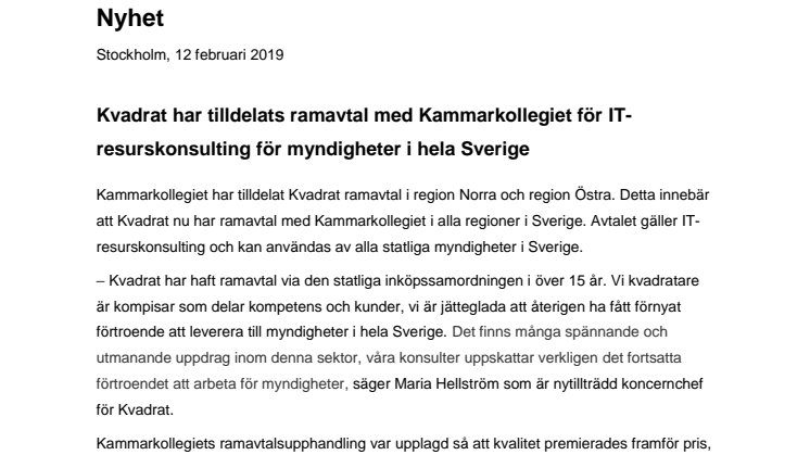 Kvadrat har tilldelats ramavtal med Kammarkollegiet för IT-resurskonsulting för myndigheter i hela Sverige