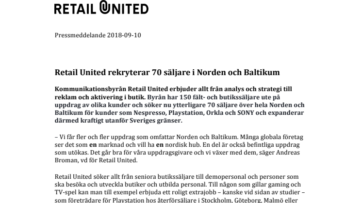 Retail United rekryterar 70 säljare i Norden och Baltikum