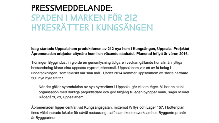 Spaden i marken för 212 hyresrätter i Uppsala