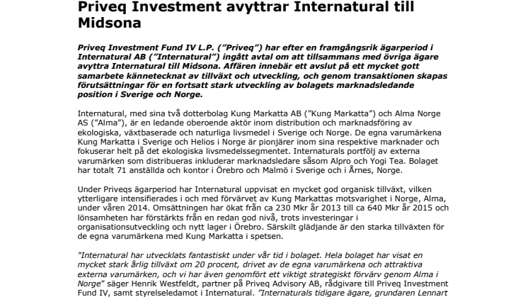 Priveq Investment avyttrar Internatural till Midsona 