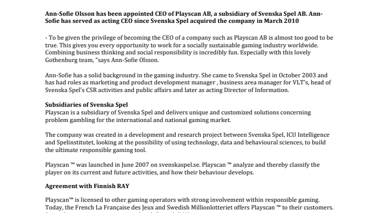 Ann-Sofie Olsson new CEO for Playscan AB