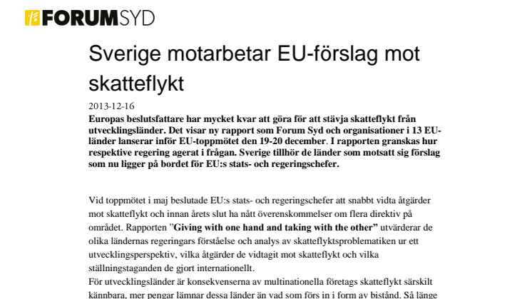 Sverige motarbetar EU-förslag mot skatteflykt 