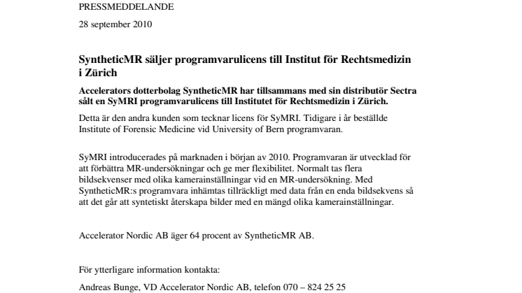 SyntheticMR säljer programvarulicens till Institutet för Rechtsmedizin i Zürich