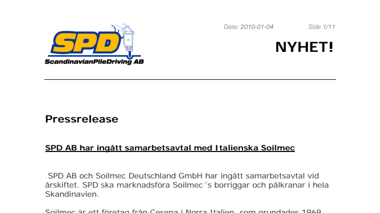 Samarbetsavtal har ingåtts mellan SPD AB och Soilmec Deutschland GmbH