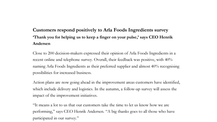 ​Customers respond positively to Arla Foods Ingredients survey