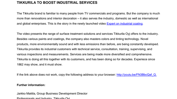 TIKKURILA TO BOOST INDUSTRIAL SERVICES