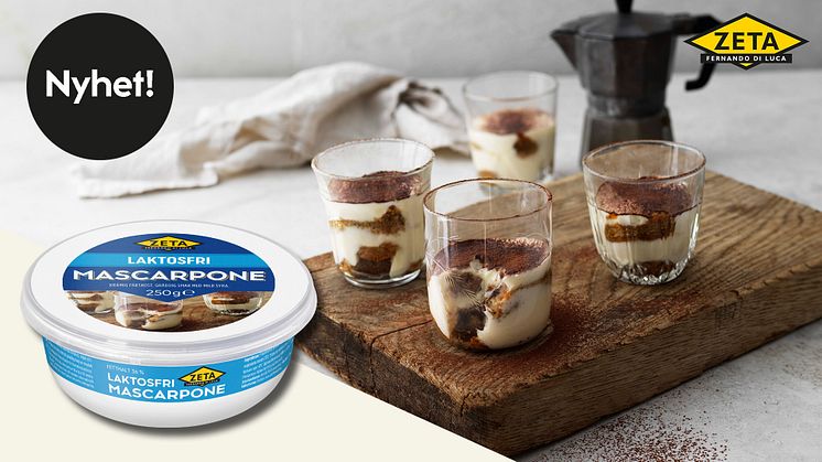 Produktnyhet från Zeta, Mascarpone Laktosfri samt receptbild på tiramisu