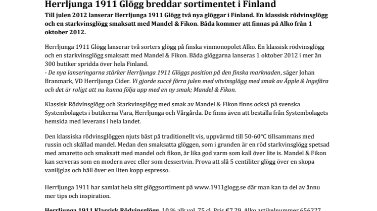 Herrljunga 1911 Glögg breddar sortimentet i Finland