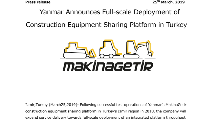 Yanmar Announces Full-scale Deployment of Construction Equipment Sharing Platform in Turkey
