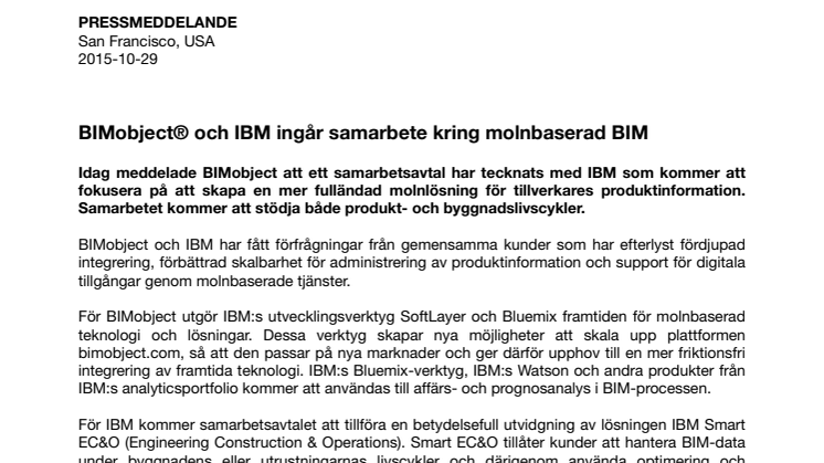  BIMobject® och IBM ingår samarbete kring molnbaserad BIM