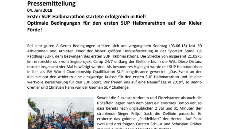 Erster SUP-Halbmarathon startete erfolgreich in Kiel!