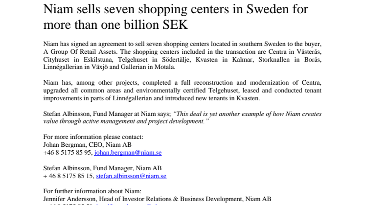 Niam sells seven shopping centers in Sweden for more than one billion SEK
