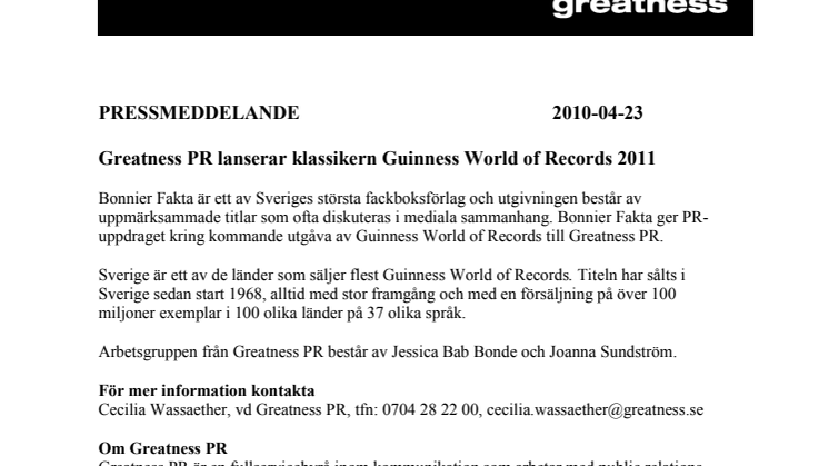 Greatness PR lanserar klassikern Guinness World of Records 2011