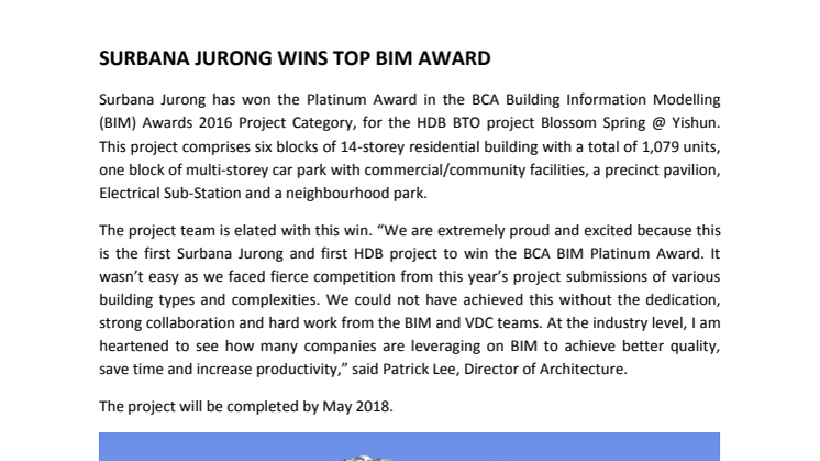 Surbana Jurong wins BCA BIM Platinum Award