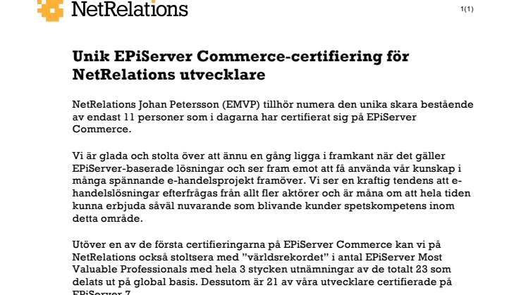 Unik EPiServer Commerce-certifiering för NetRelations utvecklare