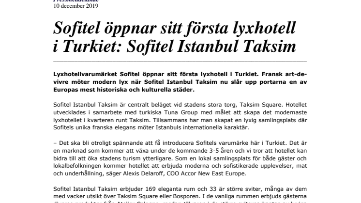 Sofitel öppnar sitt första lyxhotell  i Turkiet: Sofitel Istanbul Taksim