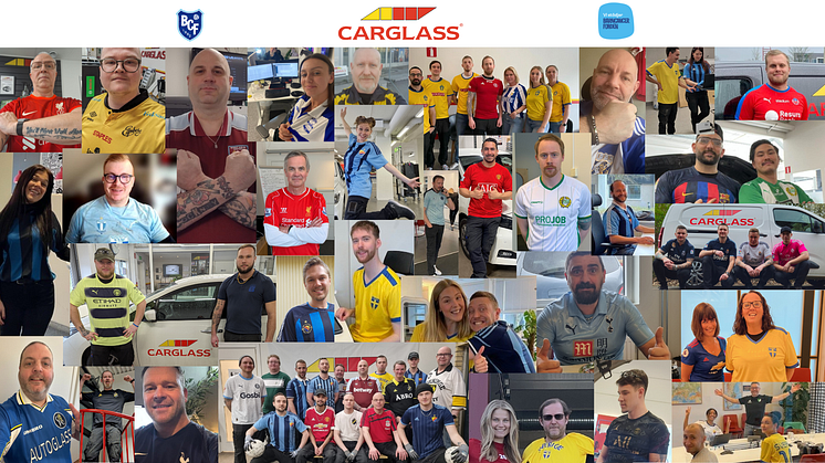 Foto: Carglass®-medarbetare i sina fotbollslagströjor under Fotbollströjefredag.