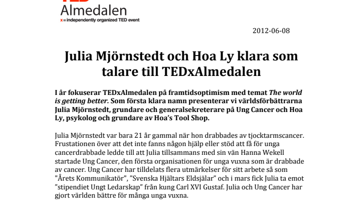 Julia Mjörnstedt och Hoa Ly klara som talare till TEDxAlmedalen