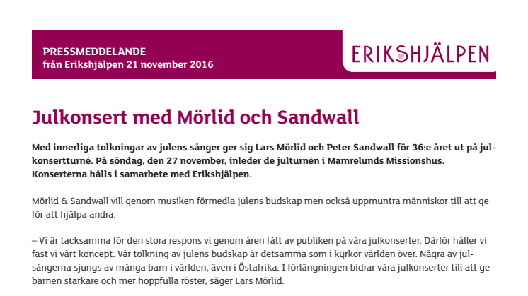 Julkonsert med Mörlid och Sandwall i Mamrelund